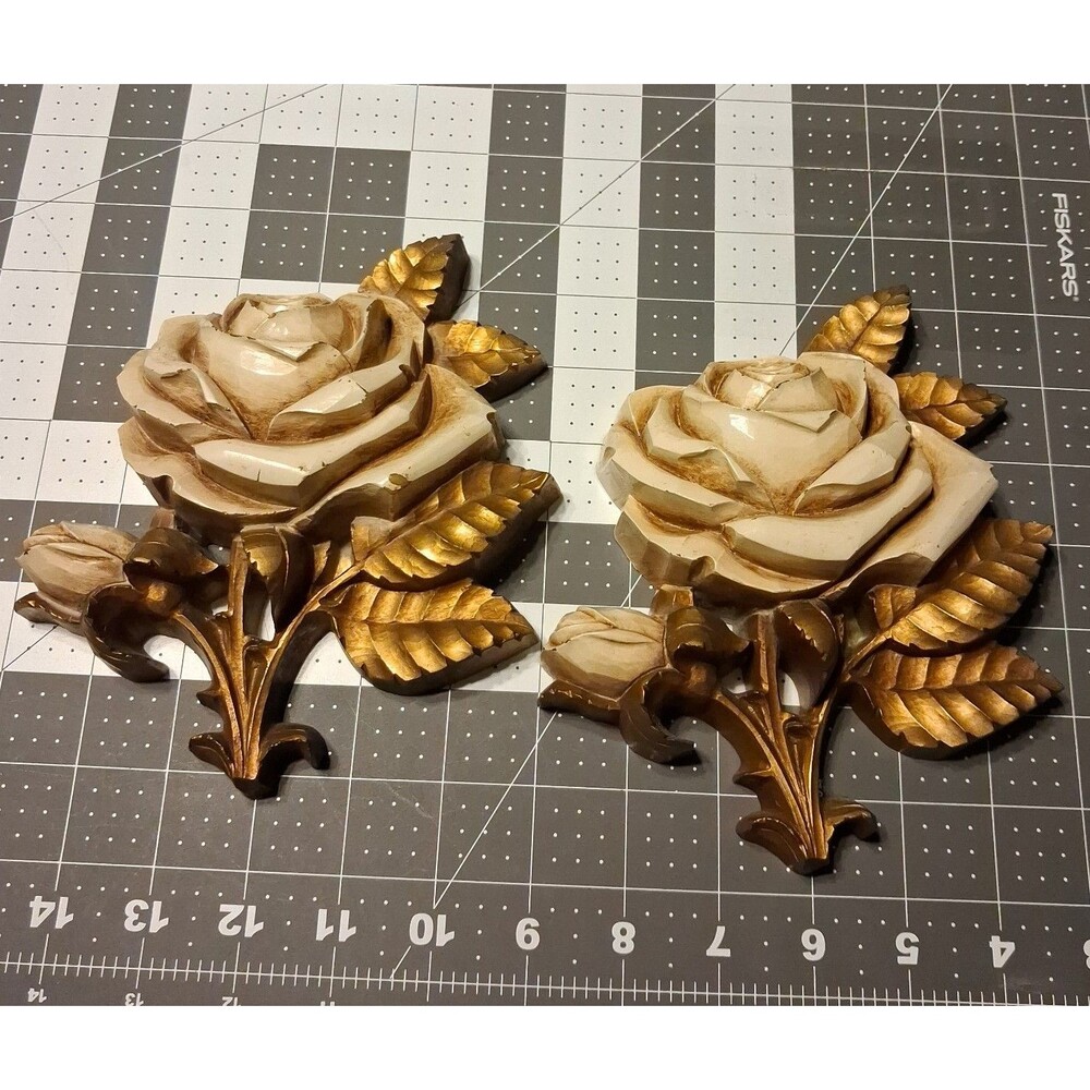 Vintage Homco/Dart 7516 Gold & White color Roses Wall Plaques